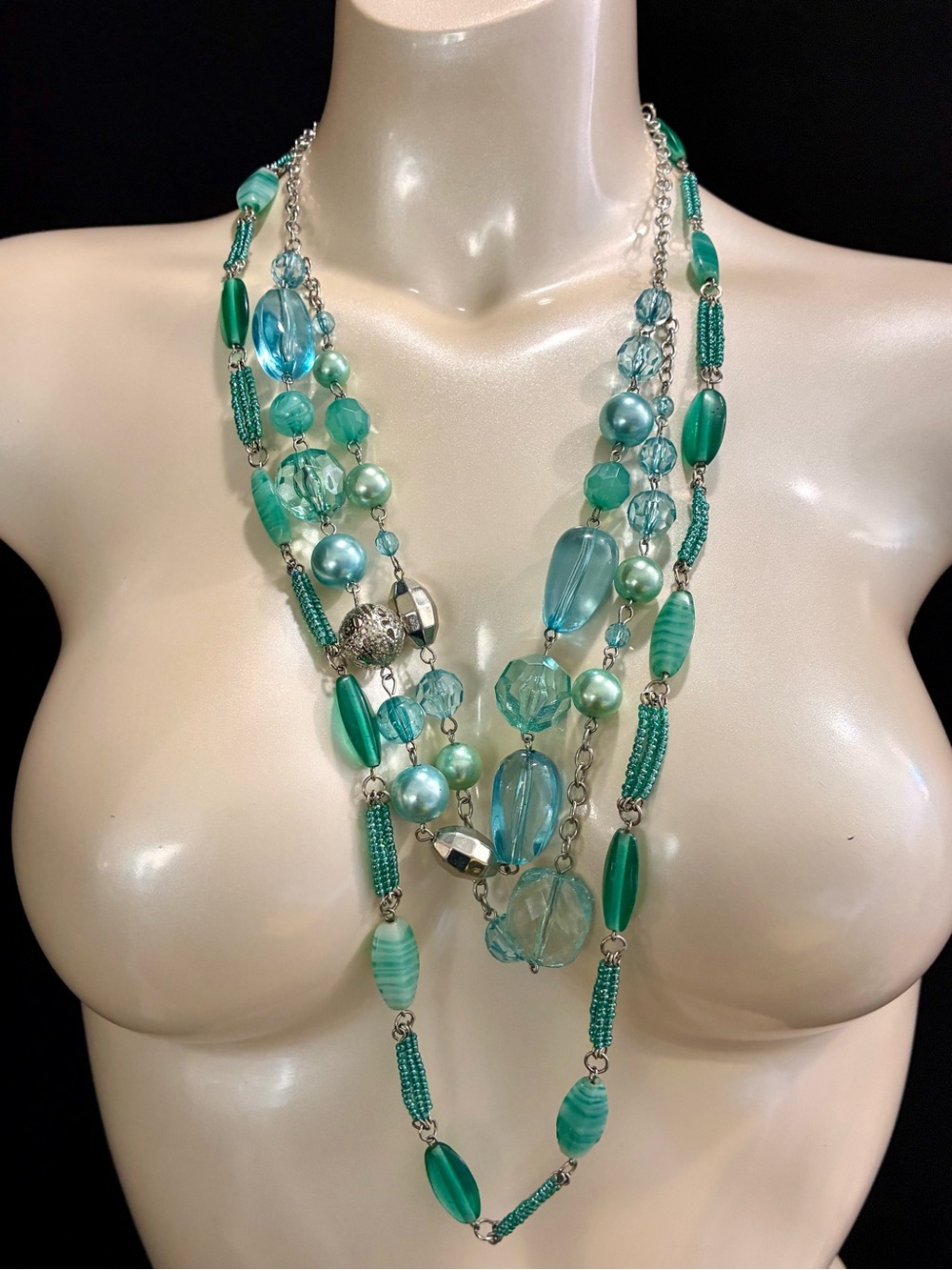 Layered Aqua Blue Green Beaded Statement Necklace - Women Jewelry Lot of 2